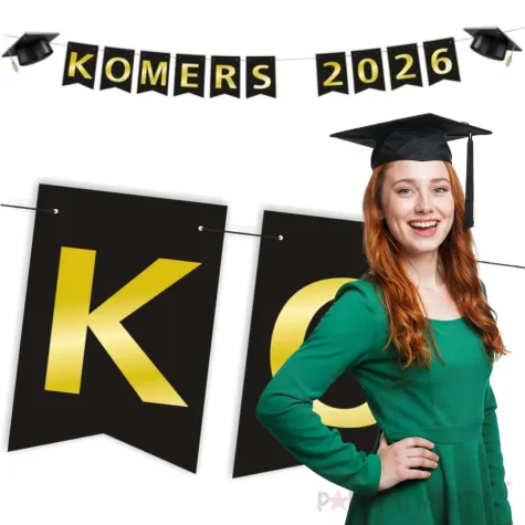 dekoracja do powieszenia baner komers 2026 biret girlanda papierowa czarno zlota 2 5 m