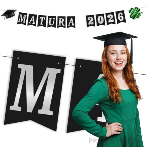 dekoracja do powieszenia baner matura 2026 girlanda papierowa czarno srebrna 2 5 m