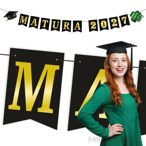 dekoracja do powieszenia baner matura 2027 girlanda papierowa czarno zlota do szkoly 2 5 m