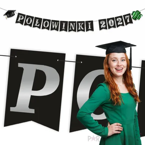 dekoracja do powieszenia baner polowinki 2027 girlanda papierowa czarno srebrna do szkoly