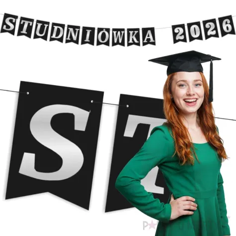 dekoracja do powieszenia baner studniowka 2026 girlanda papierowa czarno srebrna