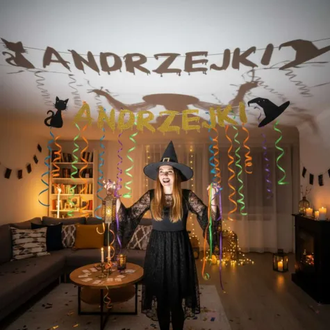 dekoracja do powieszenia na andrzejki baner kot i kapelusz czarownicy girlanda papierowa 1 5 m