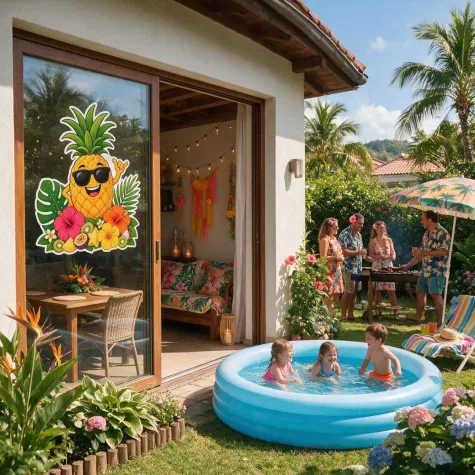 dekoracja do przyklejenia na okno drzwi hawajskie party ananas wakacje lato aloha kwiaty