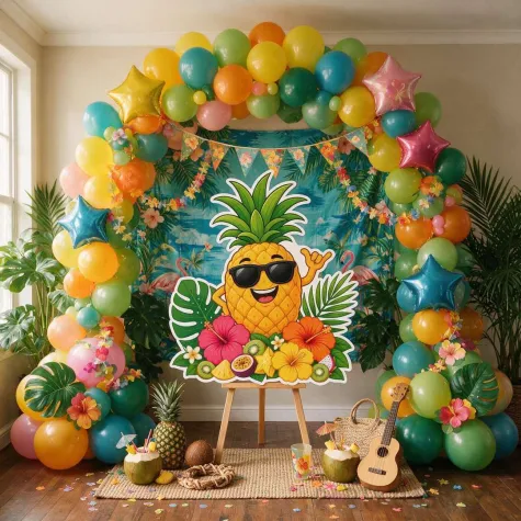 dekoracja do przyklejenia na okno drzwi hawajskie party ananas wakacje lato aloha kwiaty