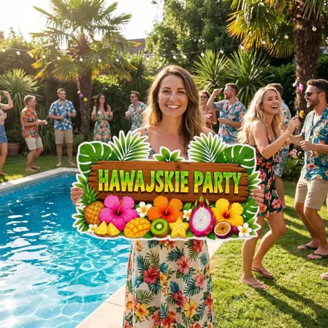 dekoracja do przyklejenia na okno drzwi hawajskie party kwiaty i owoce wakacje lato aloha