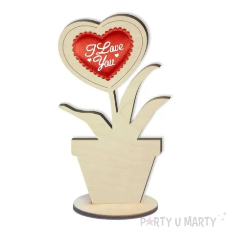 dekoracja drewniana 3d kwiatek serce i love you 14 cm