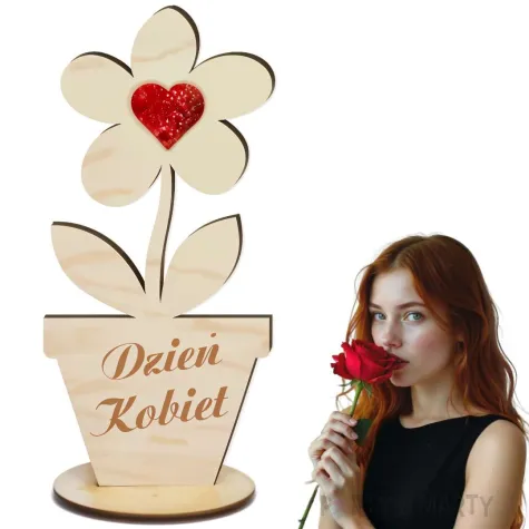 dekoracja drewniana 3d kwiatek z sercem holo na dzien kobiet 14 cm