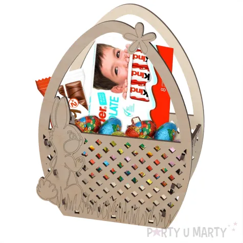 dekoracja drewniana koszyczek z zajacem 20 cm