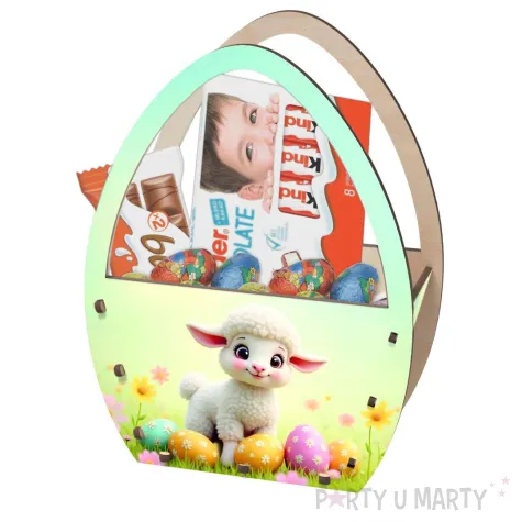 dekoracja drewniana koszyk wielkanocny baranek i pisanki 20 cm