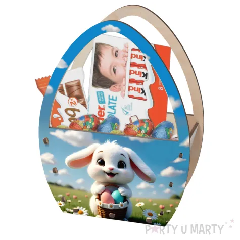 dekoracja drewniana koszyk wielkanocny bialy krolik i pisanki 20 cm