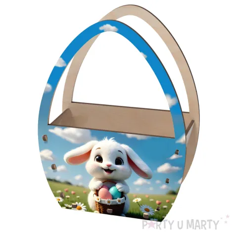 dekoracja drewniana koszyk wielkanocny bialy krolik i pisanki 20 cm