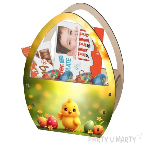 dekoracja drewniana koszyk wielkanocny pisklak i pisanki 20 cm