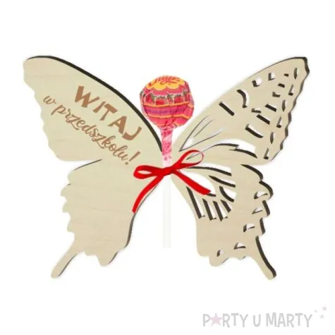 dekoracja drewniana motylek na lizak witaj w przedszkolu 14 cm