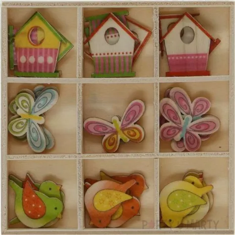 dekoracja drewniana wielkanoc domki motyle i ptaszki titanum 27 szt