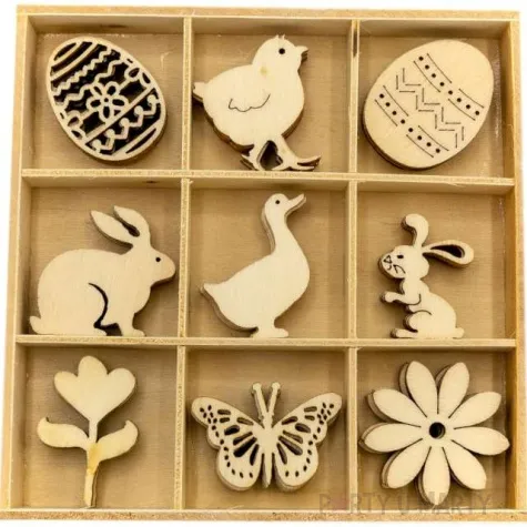 dekoracja drewniana wielkanocne pudelko z ksztaltami 45 szt aliga