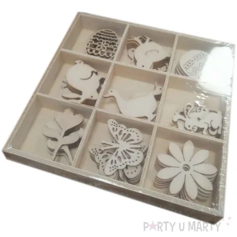 dekoracja drewniana wielkanocne pudelko z ksztaltami 45 szt aliga