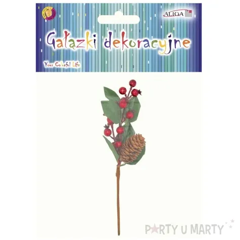 dekoracja galazka jarzebiny z szyszka i liscmi aliga 25 cm