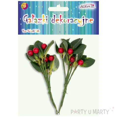 dekoracja galazki jarzebiny kulki z liscmi czerwony aliga 2 szt