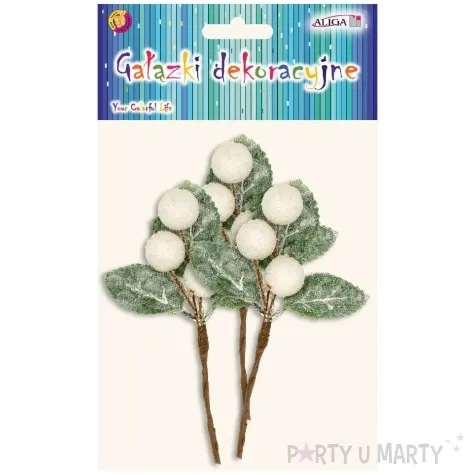 dekoracja galazki jarzebiny oszronione kulki bialy aliga 3 szt