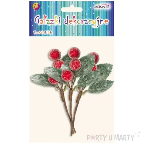 dekoracja galazki jarzebiny oszronione kulki czerwony aliga 3 szt