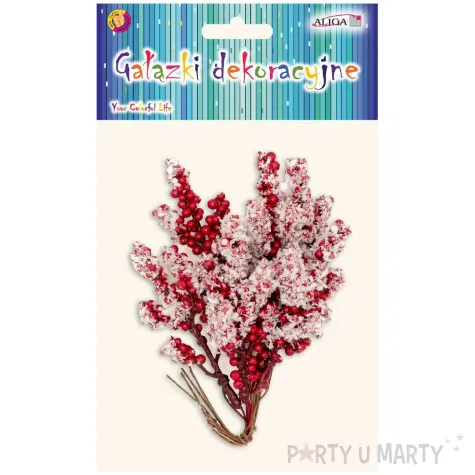dekoracja galazki ostrokrzewu oszronione kulki czerwony aliga 6 szt