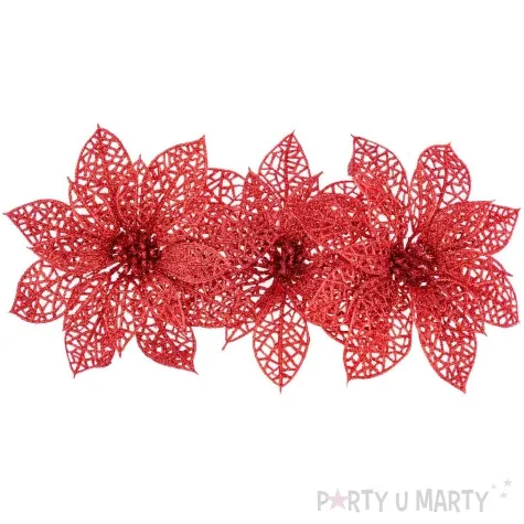 dekoracja gwiazdy betlejemskie z klipsem brokatowa czerwony aliga 3 szt