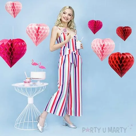 dekoracja honeycomb serce partydeco rozowa ciemna 30 cm