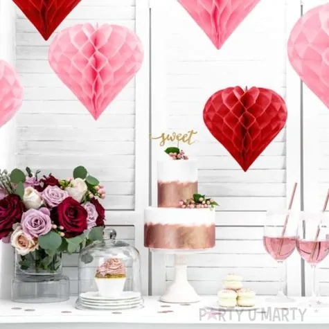dekoracja honeycomb serce partydeco rozowe jasne 30 cm