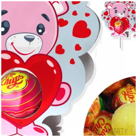 dekoracja kartonowa walentynki mis pink na lizak 5 szt