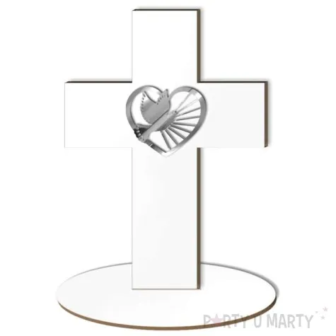 dekoracja laminowana krzyz z golebica srebrny lustrzany 15 x 21 cm