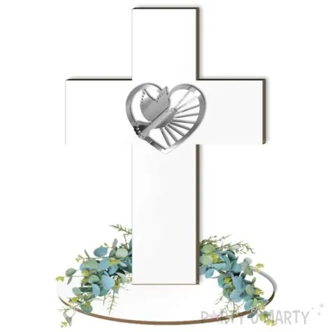 dekoracja laminowana krzyz z golebica srebrny lustrzany 15 x 21 cm