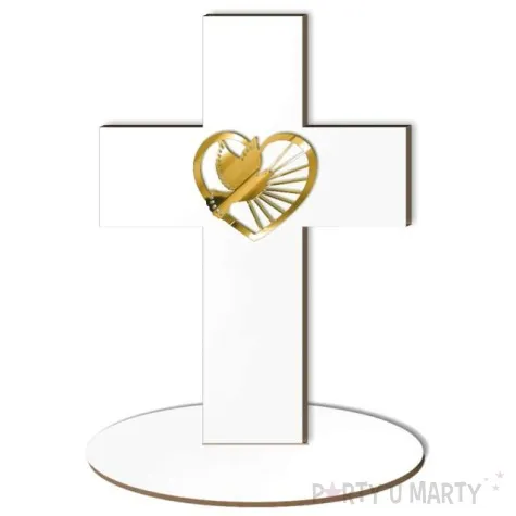 dekoracja laminowana krzyz z golebica zloty lustrzany 15 x 21 cm