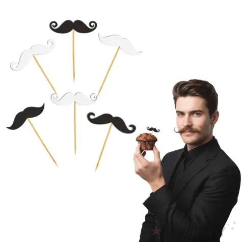 dekoracja muffinek na movember pikery na babeczki wasy szpilki ozdobne czarno biale 6 szt