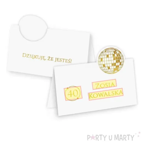 dekoracja na 18 30 40 urodziny wizytowki winietki na stol disco personalizacja pozlacane x5