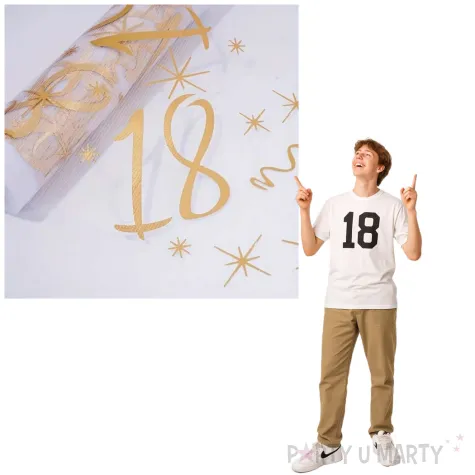 dekoracja na 18 urodziny organza bieznik na stol na 18 urodziny bialy zloty 275 x 28 cm