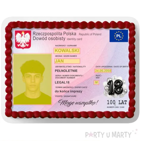 dekoracja na 18 urodziny osiemnastke oplatek na tort dowod osobisty personalizacja zdjecie