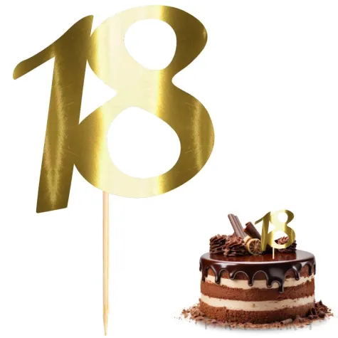 dekoracja na 18 urodziny topper papierowy na tort liczba 18 zloty metalik 18 cm