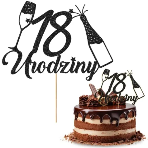 dekoracja na 18 urodziny topper papierowy szampanskie urodziny czarny brokat 15 x 19 cm