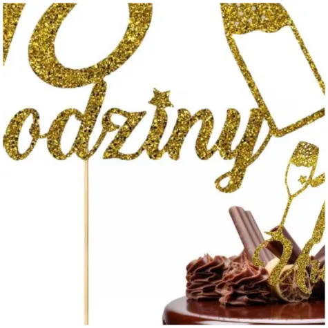 dekoracja na 18 urodziny topper papierowy szampanskie urodziny zloty brokat 15 x 19 cm