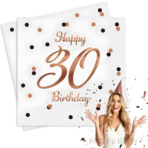dekoracja na 30 urodziny serwetki happy birthday 30 beauty and charm rozowo zloty godan 33 cm