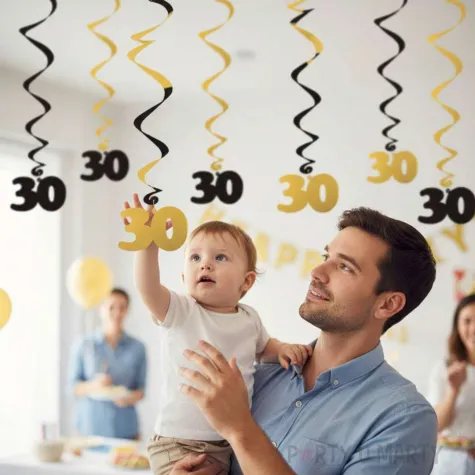 dekoracja na 30 urodziny swiderki wiszace urodziny 30 czarno zlote 6 szt