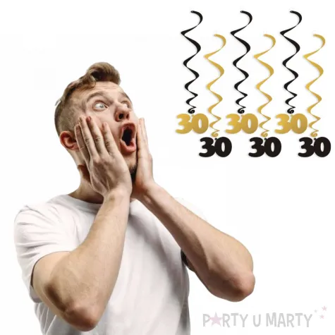 dekoracja na 30 urodziny swiderki wiszace urodziny 30 czarno zlote 6 szt