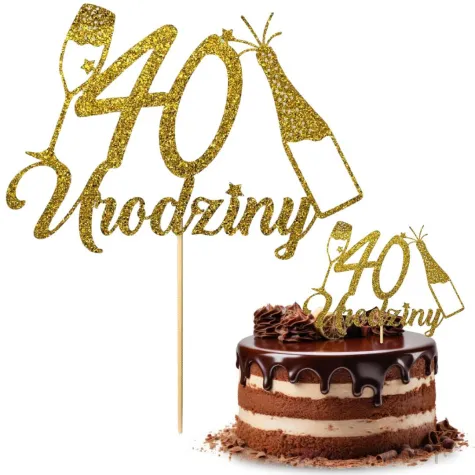 dekoracja na 40 urodziny topper papierowy szampanskie urodziny zloty brokat 15 x 19 cm