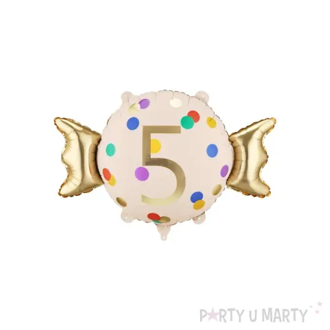 dekoracja na 5 urodziny balon foliowy cukierek do girland kremowo zloty 30 shp