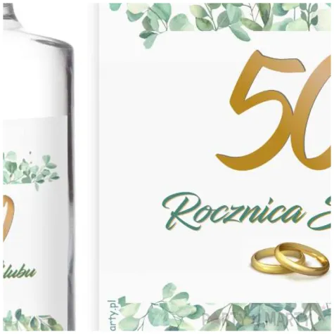 dekoracja na 50 rocznice slubu etykiety na butelke eukaliptus beauty zlote gody 5 szt