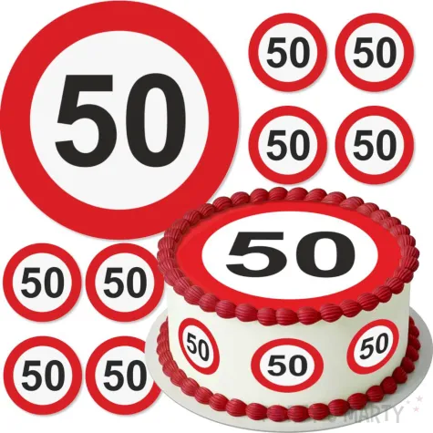 dekoracja na 50 urodziny oplatek na tort traffic birthday zestaw 1 8 szt 20 cm