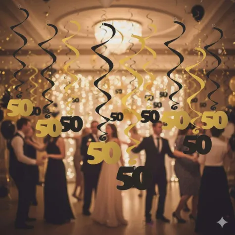 dekoracja na 50 urodziny swiderki wiszace liczba 50 czarno zlote 6 szt