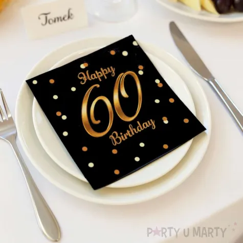 dekoracja na 60 urodziny serwetki happy birthday 60 czarno zloty godan 33 cm 20 szt