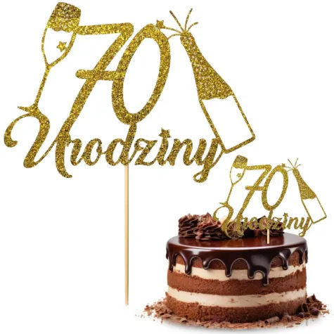 dekoracja na 70 urodziny topper papierowy szampanskie urodziny zloty brokat 15 x 19 cm