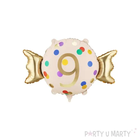 dekoracja na 9 urodziny balon foliowy cukierek do girland kremowo zloty 30 shp